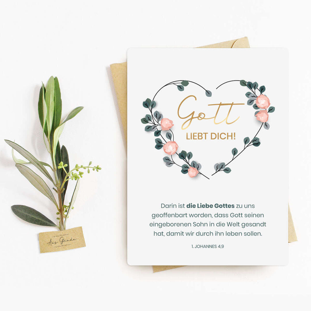 Postkarte "Gott liebt dich!" mit Bibelvers · A6 · mit Gold veredelt – Aus Gnade