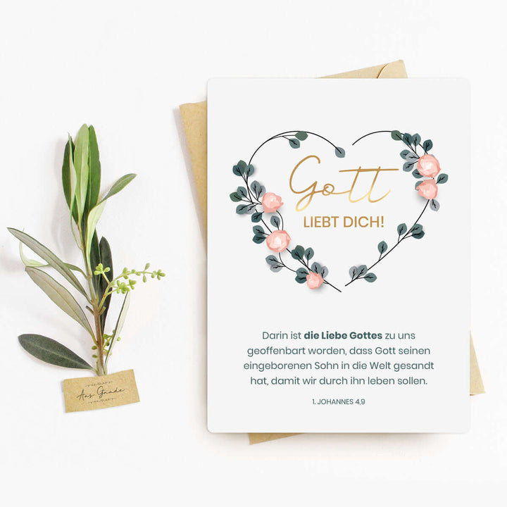 Postkarte "Gott liebt dich!" mit Bibelvers · A6 · mit Gold veredelt – Aus Gnade