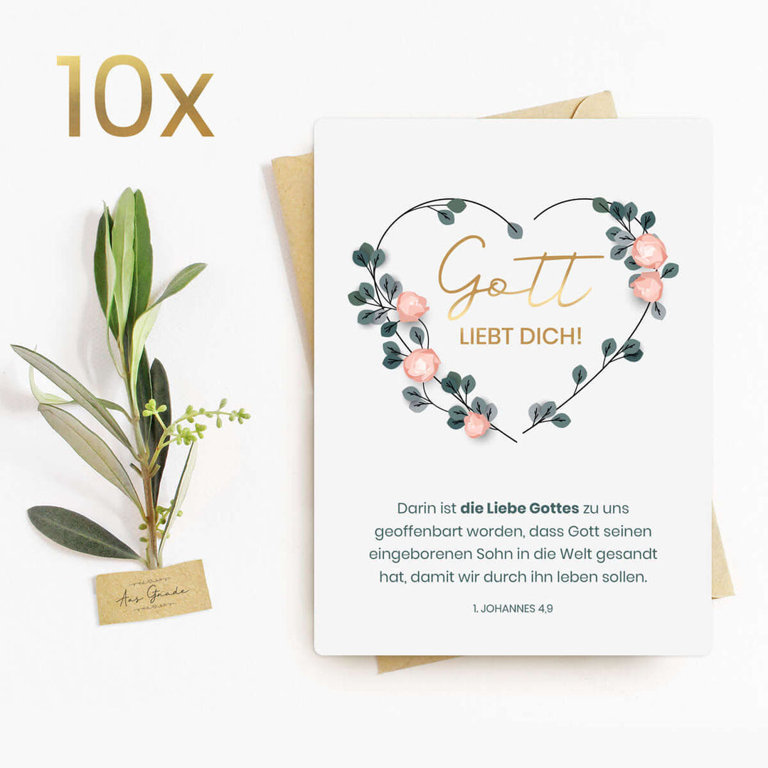 Postkarte "Gott liebt dich!" mit Bibelvers · A6 · mit Gold veredelt – Aus Gnade