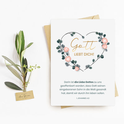 Postkarte "Gott liebt dich!" mit Bibelvers · A6 · mit Gold veredelt – Aus Gnade