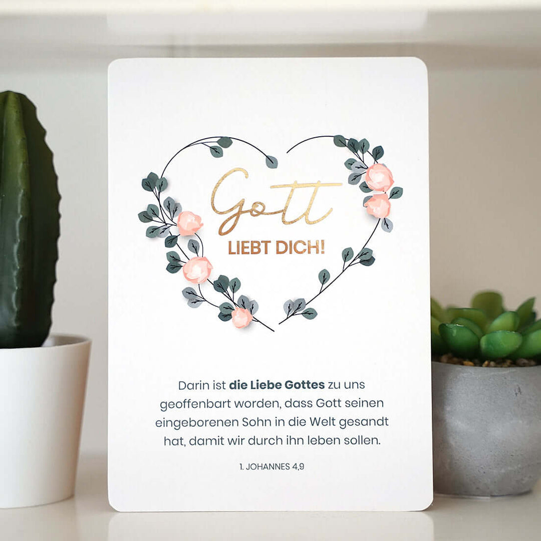 Postkarte "Gott liebt dich!" mit Bibelvers · A6 · mit Gold veredelt – Aus Gnade