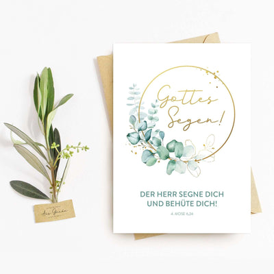 Postkarte "Gottes Segen!" · Bibelvers zum Geburtstag, zur Hochzeit · A6 · mit Gold veredelt – Aus Gnade