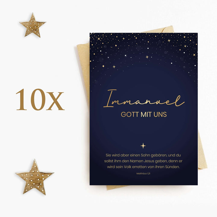 Weihnachtskarte "Immanuel – Gott mit uns" mit Bibelvers · A6 · mit Gold veredelt – Aus Gnade