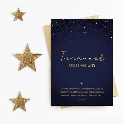 Weihnachtskarte "Immanuel – Gott mit uns" mit Bibelvers · A6 · mit Gold veredelt – Aus Gnade