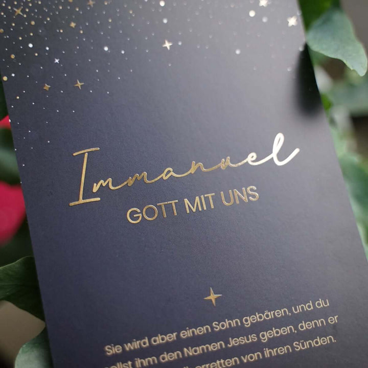 Weihnachtskarte "Immanuel – Gott mit uns" mit Bibelvers · A6 · mit Gold veredelt – Aus Gnade