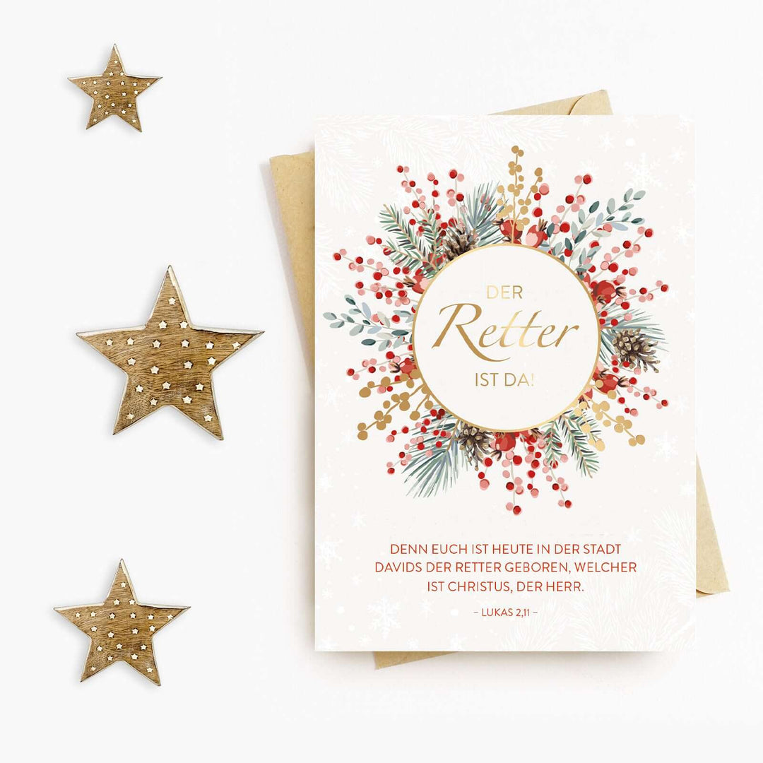 Weihnachtskarte "Der Retter ist da!" mit Bibelvers · A6 · mit Gold veredelt – Aus Gnade