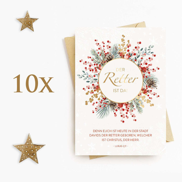 Weihnachtskarte "Der Retter ist da!" mit Bibelvers · A6 · mit Gold veredelt – Aus Gnade