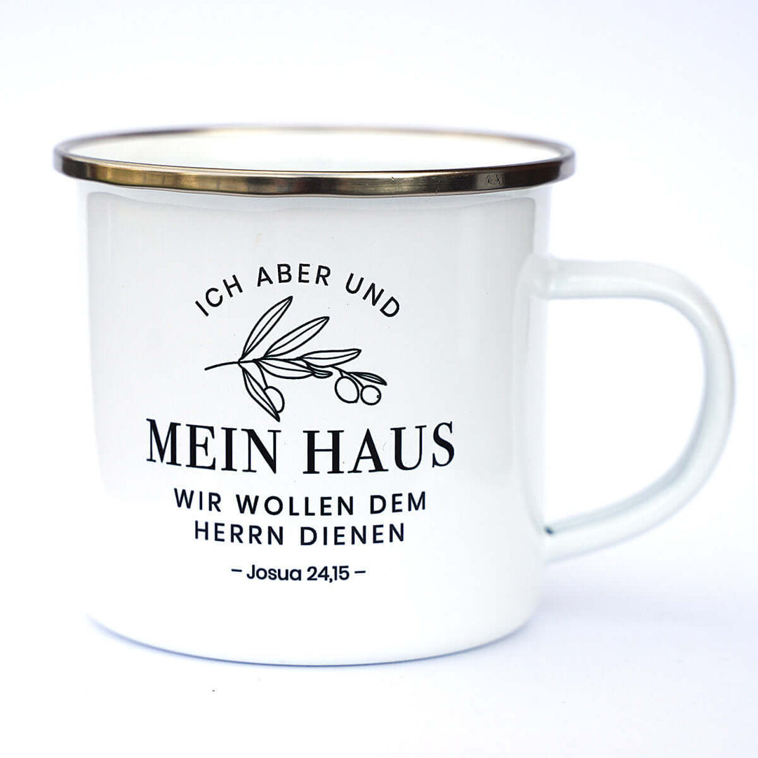 Tasse "Mein Haus" Bibelvers · Emaille Becher – Aus Gnade