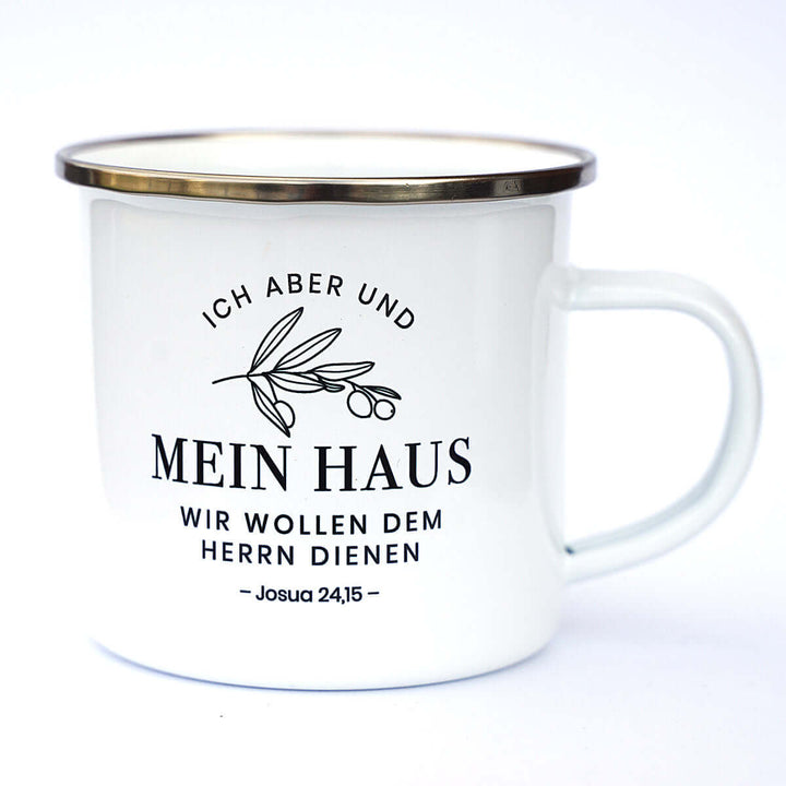 Tasse "Mein Haus" Bibelvers · Emaille Becher – Aus Gnade