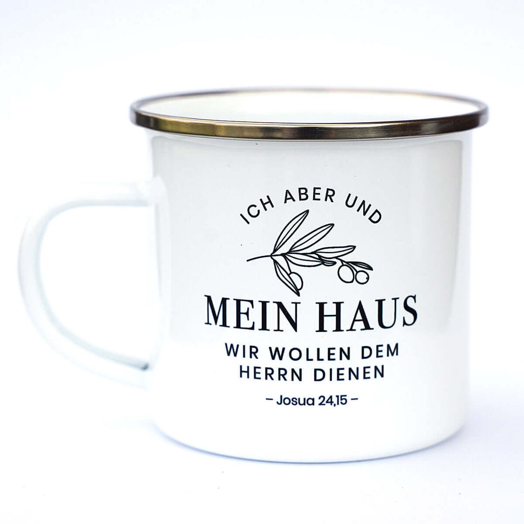 Tasse "Mein Haus" Bibelvers · Emaille Becher – Aus Gnade