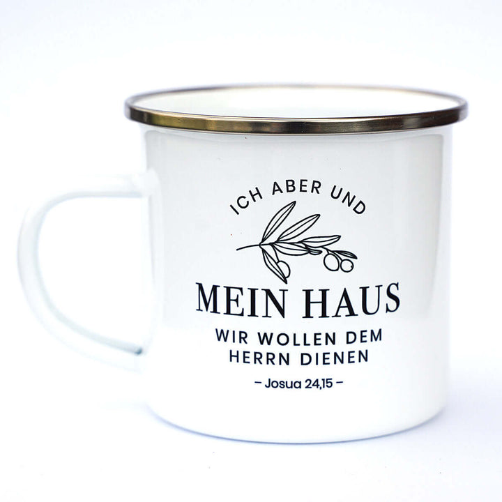 Tasse "Mein Haus" Bibelvers · Emaille Becher – Aus Gnade