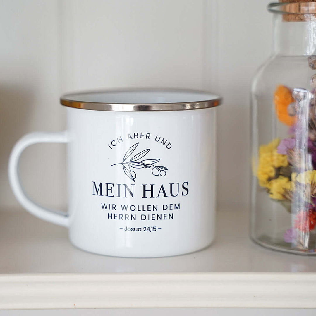 Tasse "Mein Haus" Bibelvers · Emaille Becher – Aus Gnade