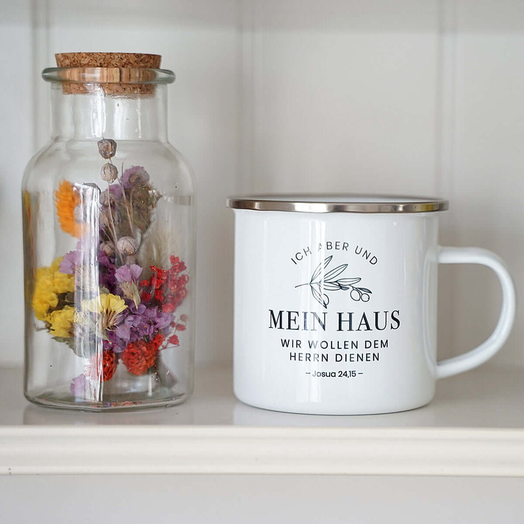 Tasse "Mein Haus" Bibelvers · Emaille Becher – Aus Gnade
