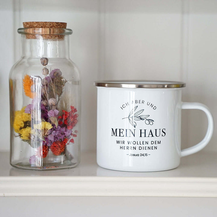 Tasse "Mein Haus" Bibelvers · Emaille Becher – Aus Gnade