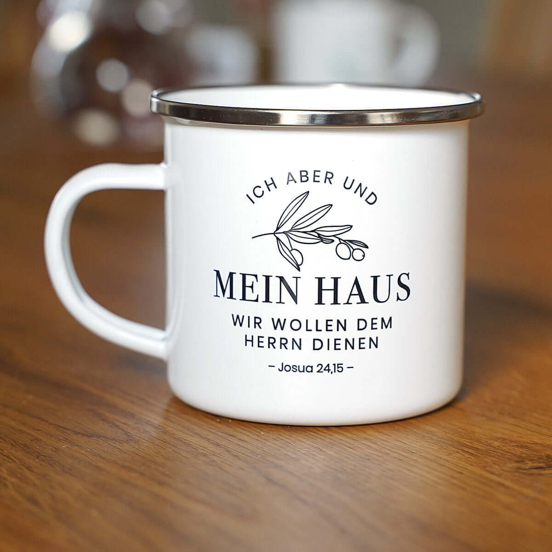 Tasse "Mein Haus" Bibelvers · Emaille Becher – Aus Gnade