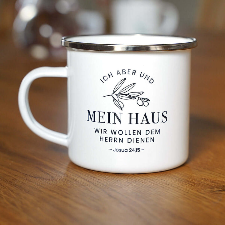 Tasse "Mein Haus" Bibelvers · Emaille Becher – Aus Gnade