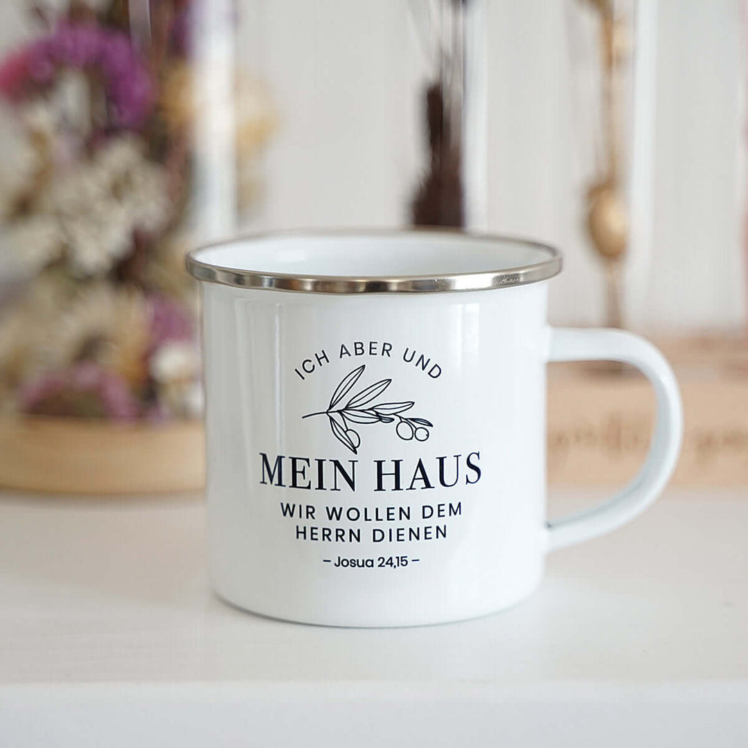 Tasse "Mein Haus" Bibelvers · Emaille Becher – Aus Gnade