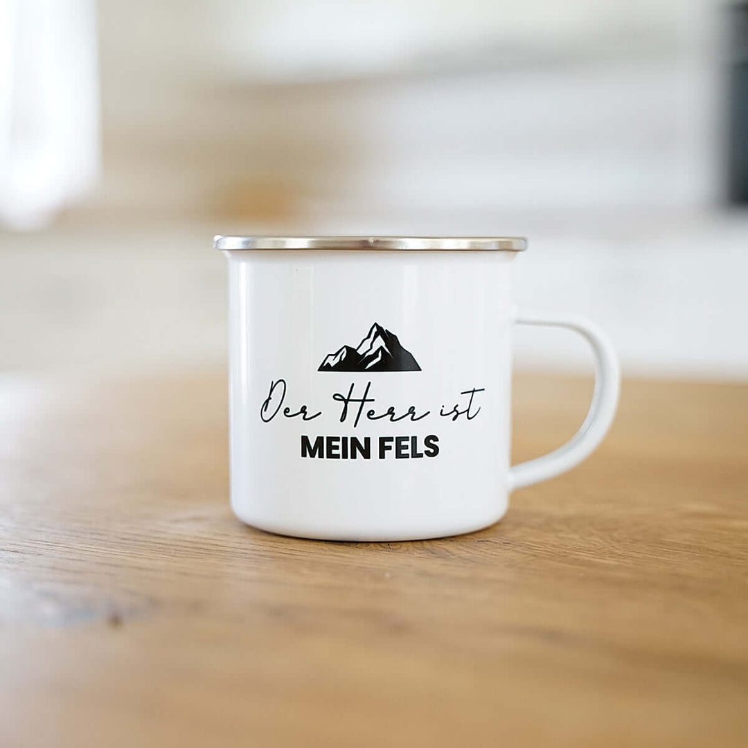 Tasse "Der HERR ist mein Fels" Bibelvers · Emaille Becher – Aus Gnade