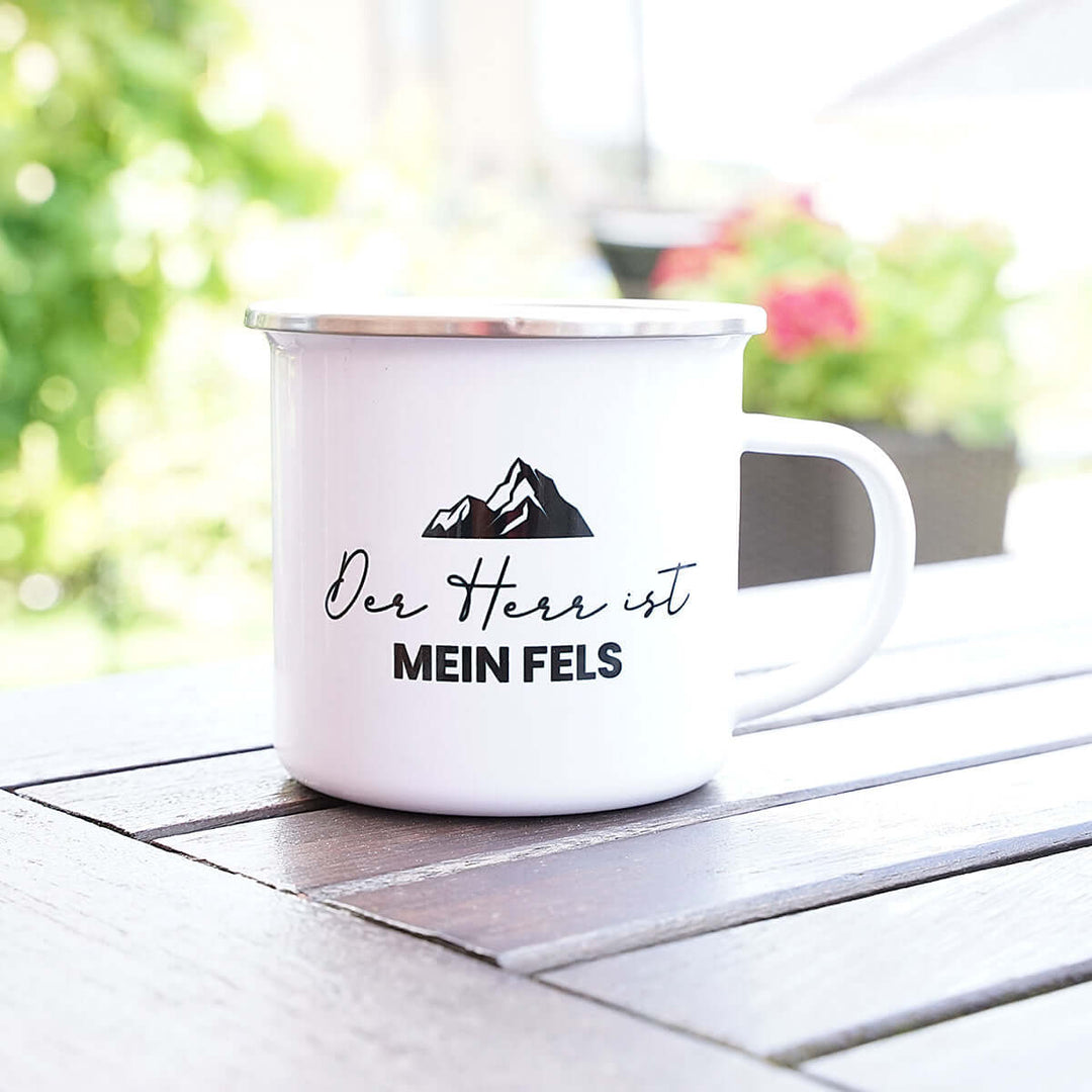 Tasse "Der HERR ist mein Fels" Bibelvers · Emaille Becher – Aus Gnade