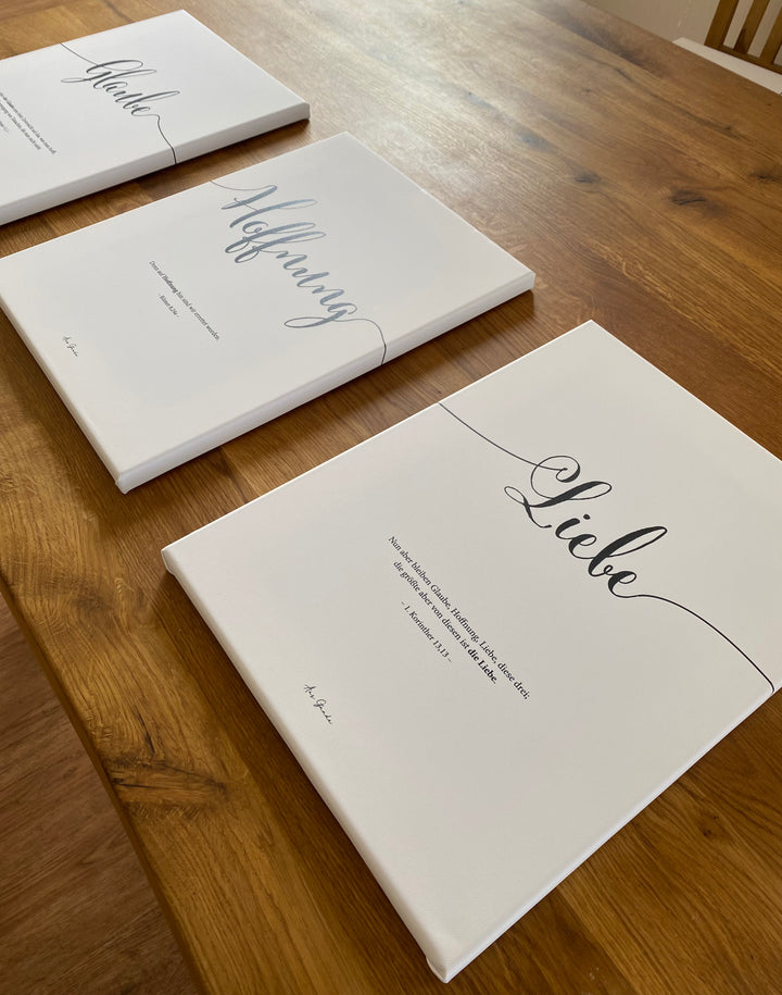 3x Leinwandbilder "Glaube Hoffnung Liebe" · 3er Set · Bibelvers – Aus Gnade