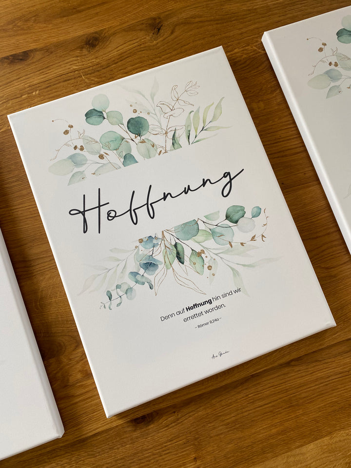 3x Leinwandbilder "Glaube Hoffnung Liebe" · 3er Set · Pflanzen Grün · Bibelvers – Aus Gnade